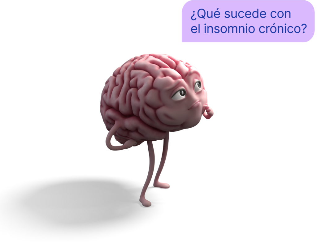 Personaje de cerebro pensativo con la pregunta «¿Qué sucede con el insomnio crónico?»